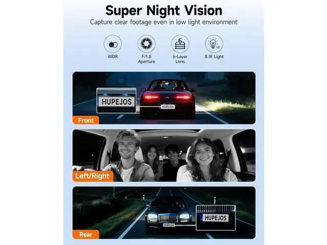 Alt view image 4 of 7 - 360° Dash Cam Front and Rear Inside, 4 Channel Dash Camera for Cars FHD 1080Px4, Built-in Wi-Fi, 3.16 IPS Screen, WDR Night Vision, Voice Control, Included 64GB Card, 24H Parking Mode