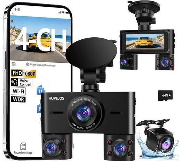 Main image of 360° Dash Cam Front and Rear Inside, 4 Channel Dash Camera for Cars FHD 1080Px4, Built-in Wi-Fi, 3.16 IPS Screen, WDR Night Vision, Voice Control, Included 64GB Card, 24H Parking Mode