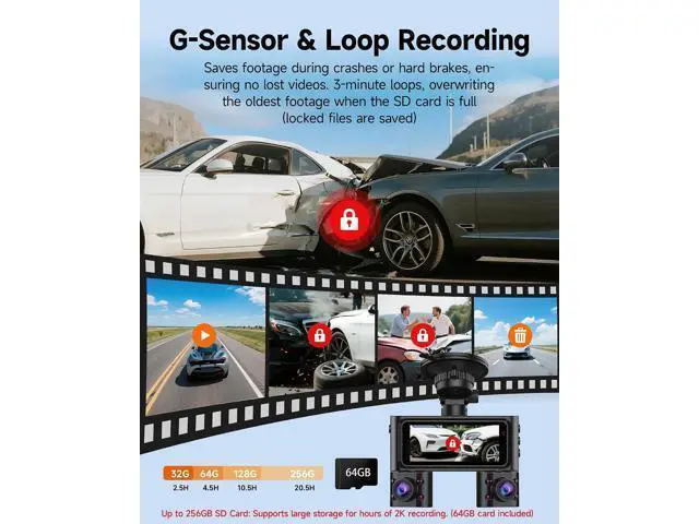 Alt view image 5 of 7 - 360° Dash Cam Front and Rear Inside, 4 Channel Dash Camera for Cars FHD 1080Px4, Built-in Wi-Fi, 3.16 IPS Screen, WDR Night Vision, Voice Control, Included 64GB Card, 24H Parking Mode