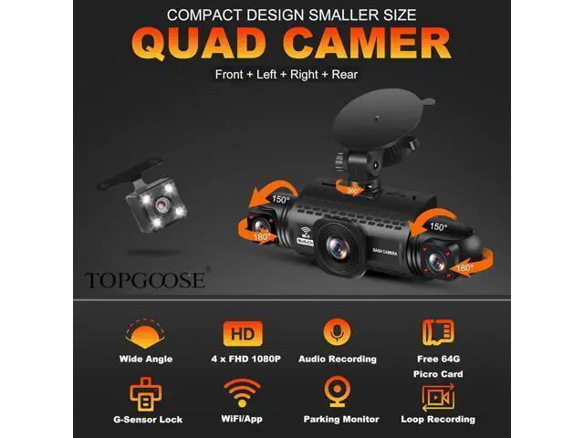 Alt view image 2 of 7 - 4 Channel Dash Cam 360° View, TOPGOOSE 2K Front and Rear Inside, Left Right Dash Camera for Cars, 8 IR Lamps Night Vision, 5G WiFi & APP Control, G-Sensor, Parking Mode, with a Free 64GB SD Card