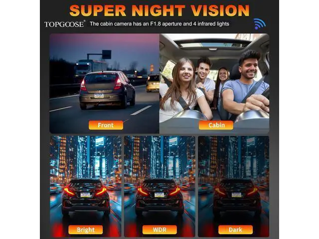 Alt view image 4 of 7 - 4 Channel Dash Cam 360° View, TOPGOOSE 2K Front and Rear Inside, Left Right Dash Camera for Cars, 8 IR Lamps Night Vision, 5G WiFi & APP Control, G-Sensor, Parking Mode, with a Free 64GB SD Card
