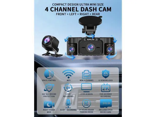 Alt view image 3 of 7 - Dash Cam Front and Rear, 360 Dgree View 4 Channel Dash Camera for Cars 2K FHD, Mini Dashcam Built-in WiFi, Car Camera Free 64GB Card, Voice Control, Night Vision,WDR,24/7 Parking Mode, V30-4CH