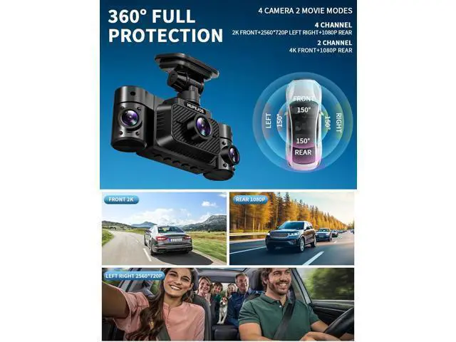 Alt view image 3 of 7 - Dash Cam Front and Rear Inside, 360° Dash Camera for Cars 4 Channel 2K FHD Mini Dashcam, Car Camera Built-in WiFi GPS, Free 64G Card, Voice Control, Night Vision WDR/HDR, 24/7 Parking Mode V50-4CH