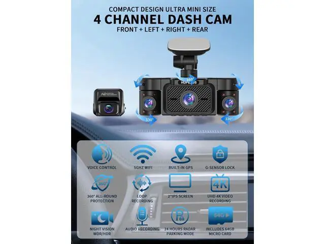 Alt view image 2 of 7 - Dash Cam Front and Rear Inside, 360° Dash Camera for Cars 4 Channel 2K FHD Mini Dashcam, Car Camera Built-in WiFi GPS, Free 64G Card, Voice Control, Night Vision WDR/HDR, 24/7 Parking Mode V50-4CH
