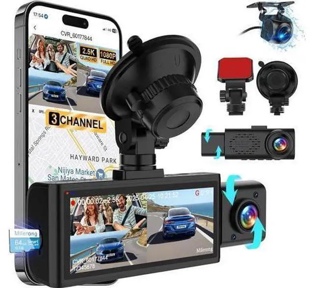 Main image of 3 Channel 4K Dash Cam Front Rear and Inside with 5G WiFi & APP Control, 4K/2.5K+1080P+1080P Dashcam for Car, Dash Camera with 64GB Card, 24H Parking Monitor, Night Vision, Loop Recording, G-Sensor