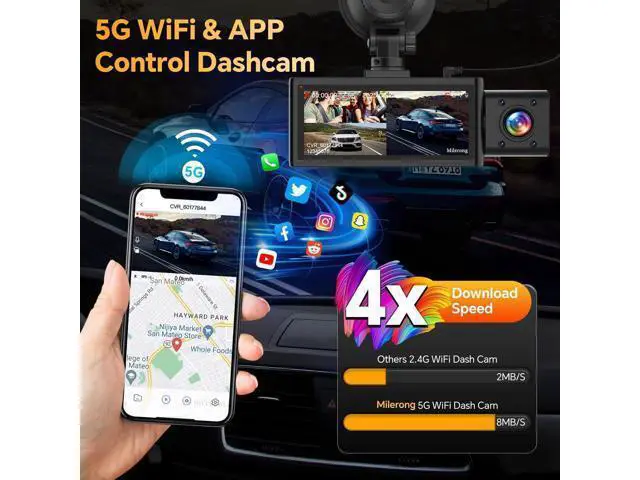 Alt view image 4 of 7 - 3 Channel 4K Dash Cam Front Rear and Inside with 5G WiFi & APP Control, 4K/2.5K+1080P+1080P Dashcam for Car, Dash Camera with 64GB Card, 24H Parking Monitor, Night Vision, Loop Recording, G-Sensor