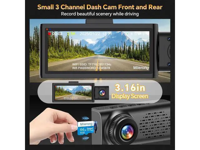 Alt view image 2 of 7 - 3 Channel 4K Dash Cam Front Rear and Inside with 5G WiFi & APP Control, 4K/2.5K+1080P+1080P Dashcam for Car, Dash Camera with 64GB Card, 24H Parking Monitor, Night Vision, Loop Recording, G-Sensor