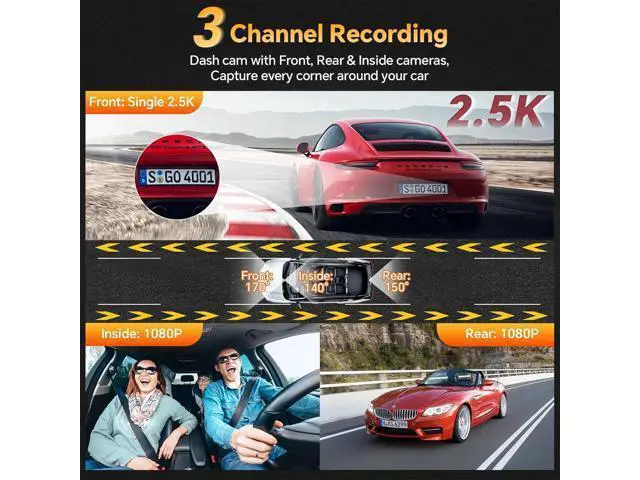 Alt view image 6 of 7 - 3 Channel 4K Dash Cam Front Rear and Inside with 5G WiFi & APP Control, 4K/2.5K+1080P+1080P Dashcam for Car, Dash Camera with 64GB Card, 24H Parking Monitor, Night Vision, Loop Recording, G-Sensor