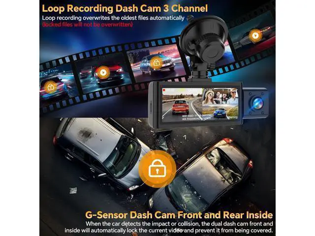 Alt view image 7 of 7 - 3 Channel 4K Dash Cam Front Rear and Inside with 5G WiFi & APP Control, 4K/2.5K+1080P+1080P Dashcam for Car, Dash Camera with 64GB Card, 24H Parking Monitor, Night Vision, Loop Recording, G-Sensor