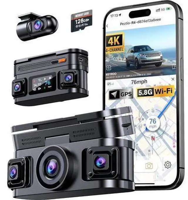 Main image of 360° View 4K 4 Channel Dash Cam Front and Rear Inside Left Right, Built-in GPS, 5.8GHz WiFi, Car Dash Camera for Cars with App Connect, Support Parking Mode, G-Sensor, Free 128GB Card