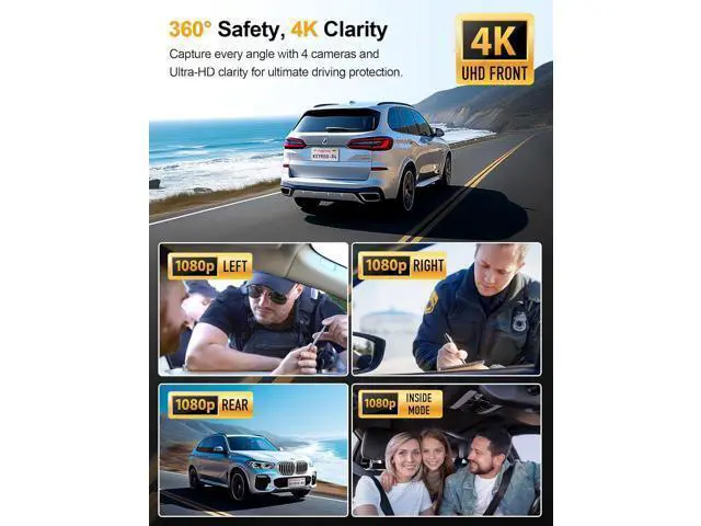 Alt view image 2 of 7 - 360° View 4K 4 Channel Dash Cam Front and Rear Inside Left Right, Built-in GPS, 5.8GHz WiFi, Car Dash Camera for Cars with App Connect, Support Parking Mode, G-Sensor, Free 128GB Card