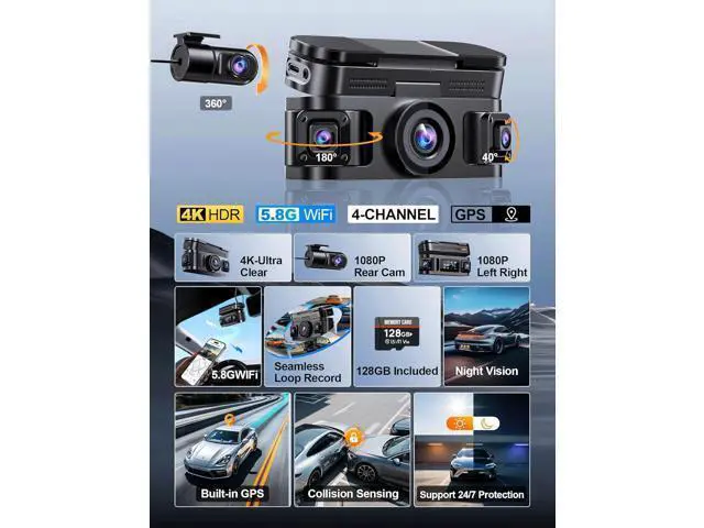 Alt view image 7 of 7 - 360° View 4K 4 Channel Dash Cam Front and Rear Inside Left Right, Built-in GPS, 5.8GHz WiFi, Car Dash Camera for Cars with App Connect, Support Parking Mode, G-Sensor, Free 128GB Card