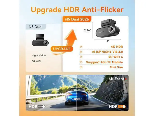 Alt view image 7 of 7 - DDPAI 4K Dash Cam Front and Rear, 2160P+1080P Car Dash Camera, GPS 5G WiFi Dashcam for Cars, Free eMMC 32G Dual Storage Support 512G,Radar Motion Detection,Night Vision,72 Hour Parking Mode, N5 Dual