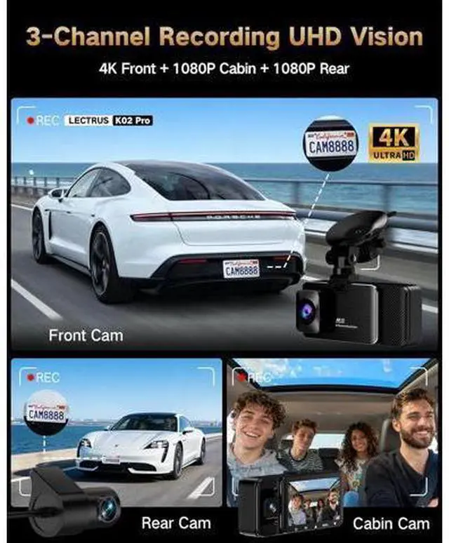Alt view image 2 of 7 - 4K Dash Cam Front and Rear Inside, 3-Channel Cars Camera Dash with 170° Wide Angle, Free 64GB SD Card, 5.8GHz WiFi, Night Vision, G-Sensor, Loop Recording, Parking Monitor, USB C, Max 256GB
