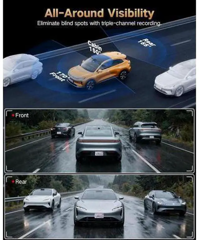 Alt view image 3 of 7 - 4K Dash Cam Front and Rear Inside, 3-Channel Cars Camera Dash with 170° Wide Angle, Free 64GB SD Card, 5.8GHz WiFi, Night Vision, G-Sensor, Loop Recording, Parking Monitor, USB C, Max 256GB