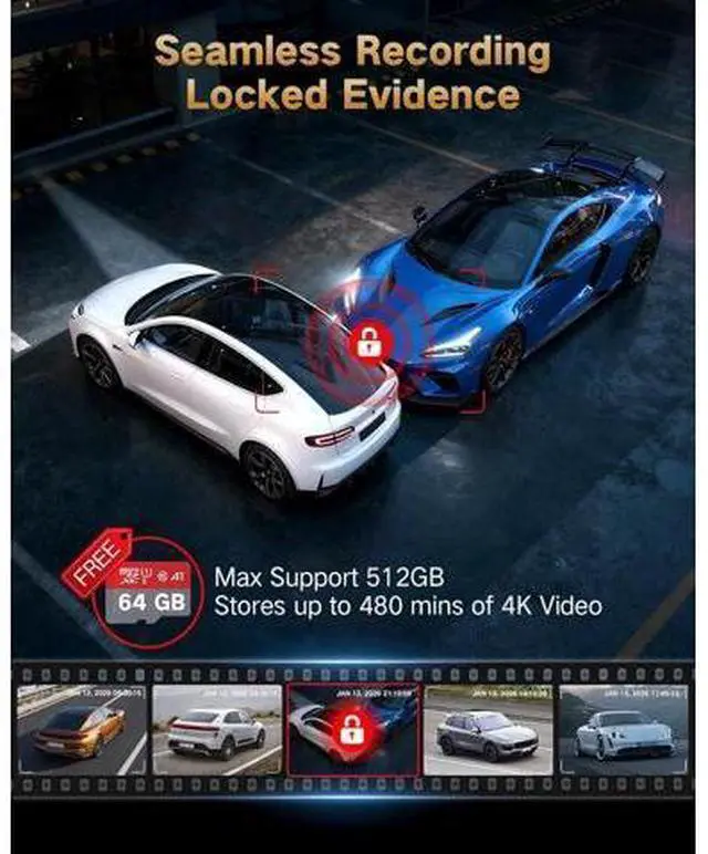 Alt view image 4 of 7 - 4K Dash Cam Front and Rear Inside, 3-Channel Cars Camera Dash with 170° Wide Angle, Free 64GB SD Card, 5.8GHz WiFi, Night Vision, G-Sensor, Loop Recording, Parking Monitor, USB C, Max 256GB