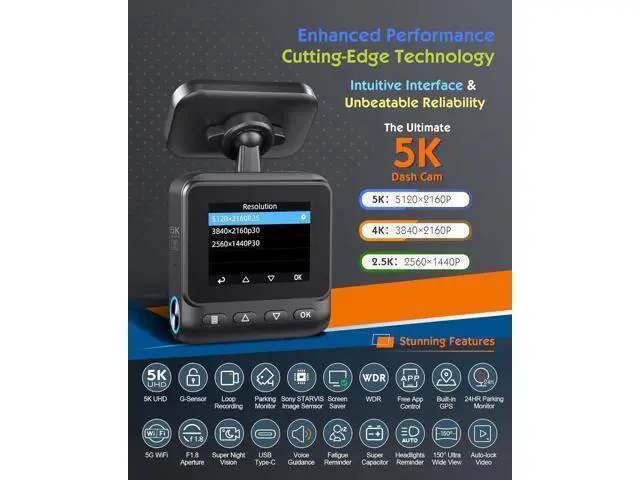 Alt view image 2 of 7 - Sarmert C1 5K Dash Cam Front - Built-in GPS and 5G WiFi, Sony STARVIS Sensor, HDR Night Vision Car Camera, 5K/4K/2.5K UHD Dash Camera for Cars, Loop Recording, WDR, G-Sensor, 24H Parking Mode
