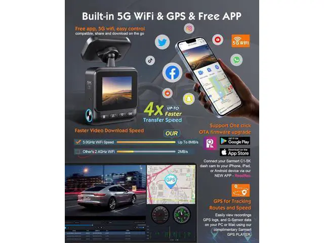 Alt view image 4 of 7 - Sarmert C1 5K Dash Cam Front - Built-in GPS and 5G WiFi, Sony STARVIS Sensor, HDR Night Vision Car Camera, 5K/4K/2.5K UHD Dash Camera for Cars, Loop Recording, WDR, G-Sensor, 24H Parking Mode