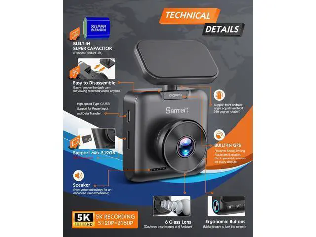 Alt view image 3 of 7 - Sarmert C1 5K Dash Cam Front - Built-in GPS and 5G WiFi, Sony STARVIS Sensor, HDR Night Vision Car Camera, 5K/4K/2.5K UHD Dash Camera for Cars, Loop Recording, WDR, G-Sensor, 24H Parking Mode