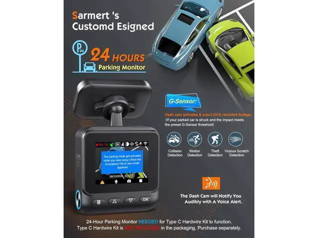 Alt view image 6 of 7 - Sarmert C1 5K Dash Cam Front - Built-in GPS and 5G WiFi, Sony STARVIS Sensor, HDR Night Vision Car Camera, 5K/4K/2.5K UHD Dash Camera for Cars, Loop Recording, WDR, G-Sensor, 24H Parking Mode