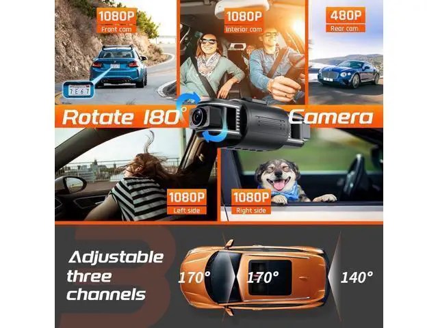 Alt view image 3 of 7 - iiwey T1-pro Dash Cam Front and Rear Inside 3 Channel 1080P, Adjustable Lens Dash Camera for Cars with 8 IR Lamps Night Vision, Three Ways Triple Car Camera, Loop Recording, G-Sensor, Parking Monitor
