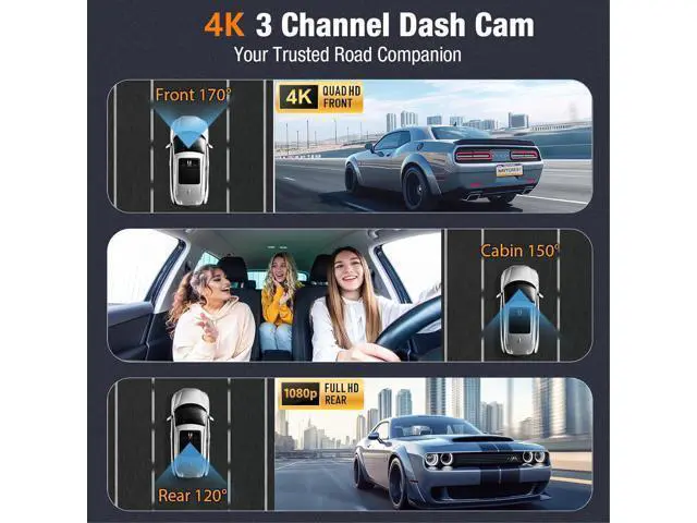 Alt view image 2 of 7 - 3 Channel 4K Dash Cam Front and Rear Inside, Built-in 5G WiFi, 4K+1080P+1080P Dash Camera for Cars with 64GB Card, Dashcam with Loop Recording,24H Parking Monitor,Night Vision,Support 512GB Max Silver