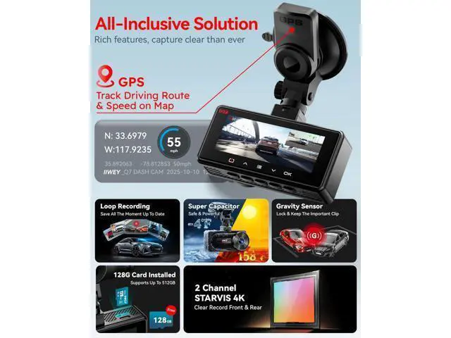 Alt view image 3 of 7 - IIWEY 4K+4K Dash Cam Front and Rear, Dual STARVIS Sensor, 5G WiFi-6 (up to 20MB/s) with App, 128G SD Card Included, GPS, Dash Camera for Cars with 24/7 Parking Mode, 3.18 Inch IPS, 170° Wide Angle