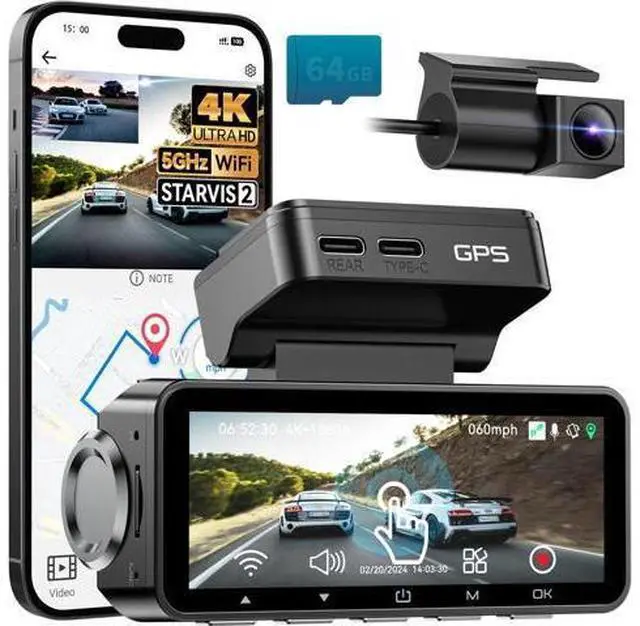 Main image of FOCUWAY Dash Cam Front and Rear, Real 4K@30fps/2K@60fps+1080P@30fps Dash Camera for Car, Touchscreen, Voice Control, with GPS WiFi, HDR Night Vision, 64GB Card, 160 Wide Angle, 24H Parking Mode