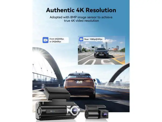 Alt view image 2 of 6 - FOCUWAY Dash Cam Front and Rear, Real 4K@30fps/2K@60fps+1080P@30fps Dash Camera for Car, Touchscreen, Voice Control, with GPS WiFi, HDR Night Vision, 64GB Card, 160 Wide Angle, 24H Parking Mode
