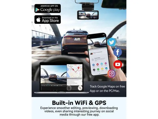 Alt view image 6 of 6 - FOCUWAY Dash Cam Front and Rear, Real 4K@30fps/2K@60fps+1080P@30fps Dash Camera for Car, Touchscreen, Voice Control, with GPS WiFi, HDR Night Vision, 64GB Card, 160 Wide Angle, 24H Parking Mode