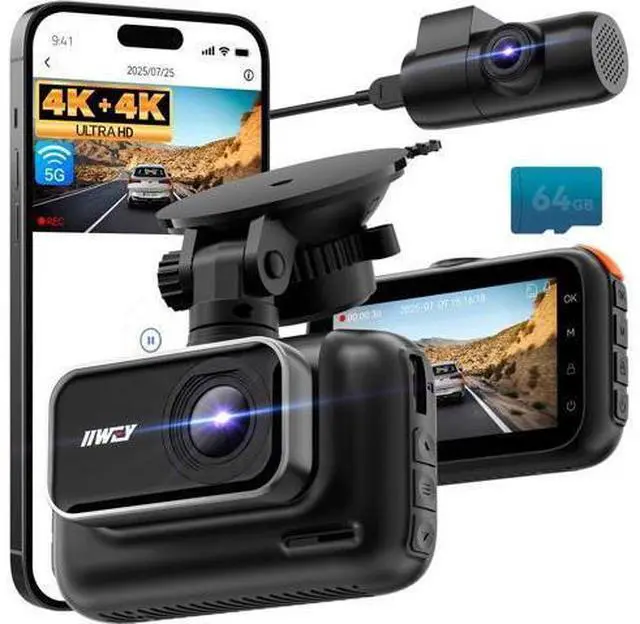 Main image of IIWEY 4K+4K Dash Cam Front and Rear, 5G Wi-Fi 64GB SD Card Included, STARVIS Dash Camera for Cars, 3 Inch IPS Screen, Dual Channel HDR Night Vision, 24H Parking Mode, 170° Widude Angle, G-Sensor