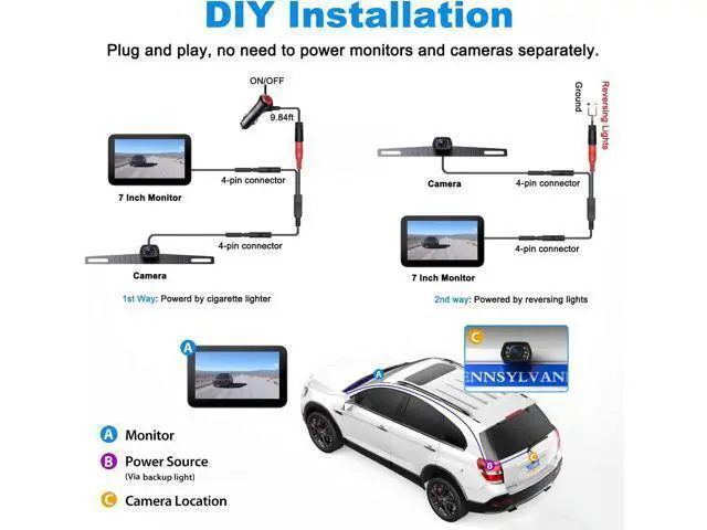Alt view image 2 of 7 - Wired Backup Camera Kit with 7" Monitor, HD 1080P Display for Car Truck/Pickup/SUV/Van/RV, Night Vision Rear View Camera IP69 Waterproof-B7