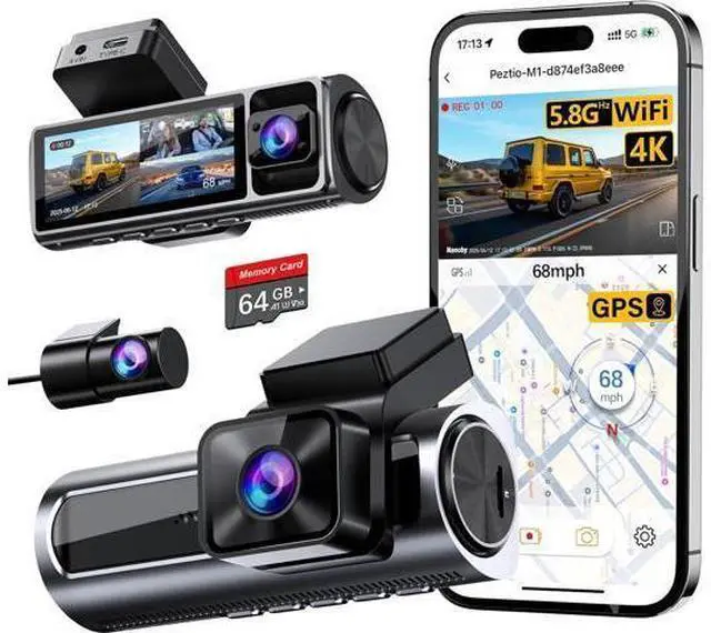 Main image of 4K 3 Channel Dash Cam Front and Rear Inside, Built-in 5.8GHz WiFi GPS, 64GB Card Included, 4K+1080P+1080P Dash Camera for Cars, 3.18'' IPS Screen Dashcam with G-Sensor, 24H Parking Monitor