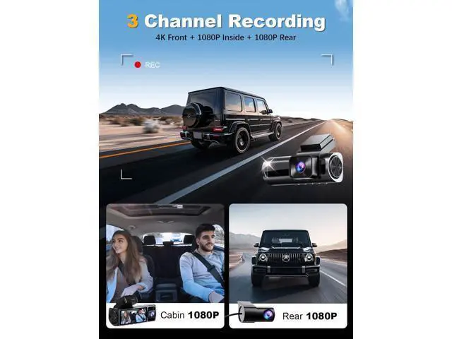 Alt view image 2 of 7 - 4K 3 Channel Dash Cam Front and Rear Inside, Built-in 5.8GHz WiFi GPS, 64GB Card Included, 4K+1080P+1080P Dash Camera for Cars, 3.18'' IPS Screen Dashcam with G-Sensor, 24H Parking Monitor