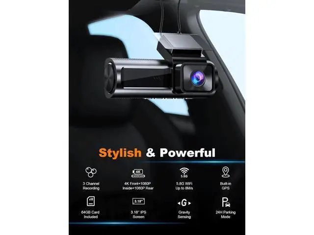Alt view image 5 of 7 - 4K 3 Channel Dash Cam Front and Rear Inside, Built-in 5.8GHz WiFi GPS, 64GB Card Included, 4K+1080P+1080P Dash Camera for Cars, 3.18'' IPS Screen Dashcam with G-Sensor, 24H Parking Monitor