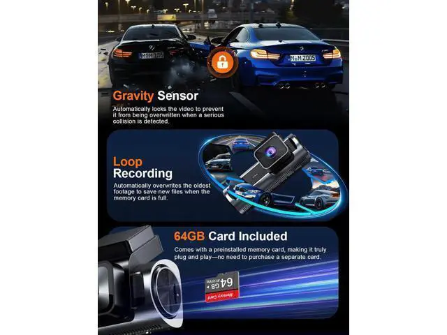 Alt view image 6 of 7 - 4K 3 Channel Dash Cam Front and Rear Inside, Built-in 5.8GHz WiFi GPS, 64GB Card Included, 4K+1080P+1080P Dash Camera for Cars, 3.18'' IPS Screen Dashcam with G-Sensor, 24H Parking Monitor