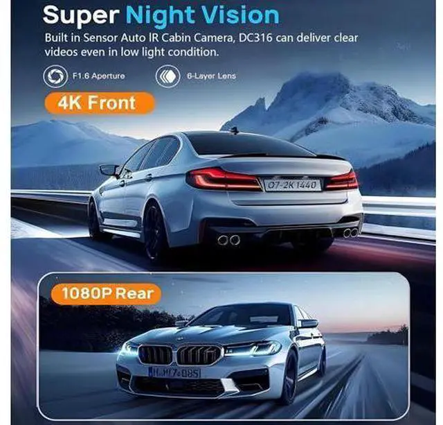 Alt view image 6 of 7 - 3 Channel 4K WiFi Dash Cam, 4K+1080P+1080P Front Inside and Rear, Triple Dash Camera with 32GB Card, APP Control, G-Sensor, 24 Hours Parking Mode, Loop Recording, Night Vision