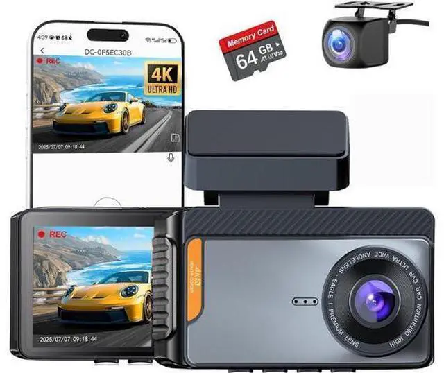 Main image of 4K Dual Channel Dash Cam Front and Rear, Free 64GB Card Included, 5.8GHz WiFi Dash Camera for Cars, Built-in GPS, G-Sensor, 170°Wide Angle, 3" IPS Screen, 24H Parking Mode, Support 512GB Max