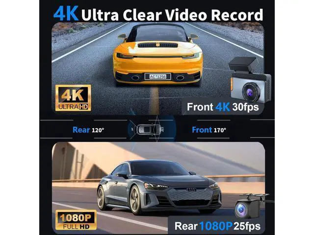 Alt view image 2 of 7 - 4K Dual Channel Dash Cam Front and Rear, Free 64GB Card Included, 5.8GHz WiFi Dash Camera for Cars, Built-in GPS, G-Sensor, 170°Wide Angle, 3" IPS Screen, 24H Parking Mode, Support 512GB Max