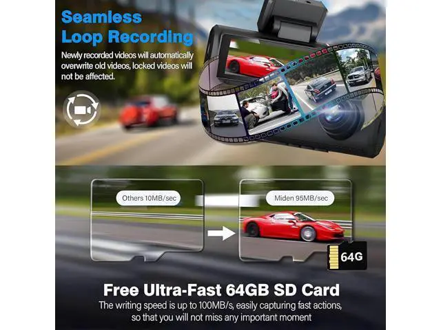 Alt view image 4 of 7 - 4K Dual Channel Dash Cam Front and Rear, Free 64GB Card Included, 5.8GHz WiFi Dash Camera for Cars, Built-in GPS, G-Sensor, 170°Wide Angle, 3" IPS Screen, 24H Parking Mode, Support 512GB Max