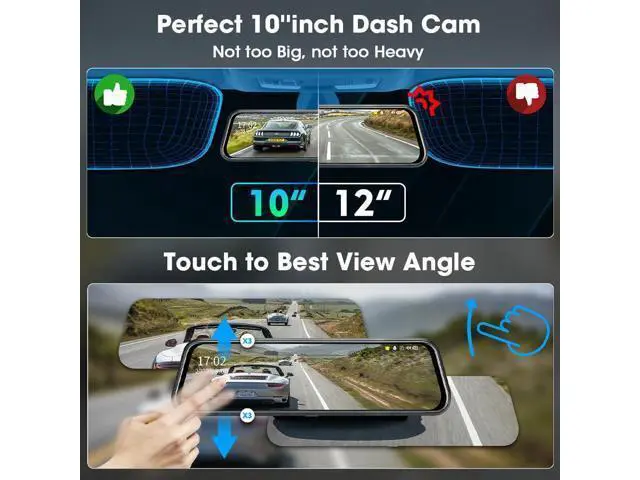 Alt view image 3 of 7 - Upgraded 10'' Rear View Mirror Camera Mirror Dash Cam Front and Rear 1080P Backup Camera Full Touch Screen w Loop Recording, G-Sensor Night Vision 170° Wide Angle