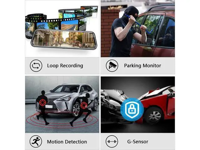 Alt view image 6 of 7 - Upgraded 10'' Rear View Mirror Camera Mirror Dash Cam Front and Rear 1080P Backup Camera Full Touch Screen w Loop Recording, G-Sensor Night Vision 170° Wide Angle