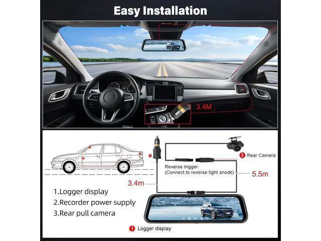 Alt view image 7 of 7 - Rear View Mirror Camera, Mirror Dash Cam for Car 1080P Front & Rear Mirror Cameras 9.66 Inch HD IPS Full Touch Screen 64G Card Night Vision Motion Detection Loop Recording 24H Parking Monitor G-Sensor