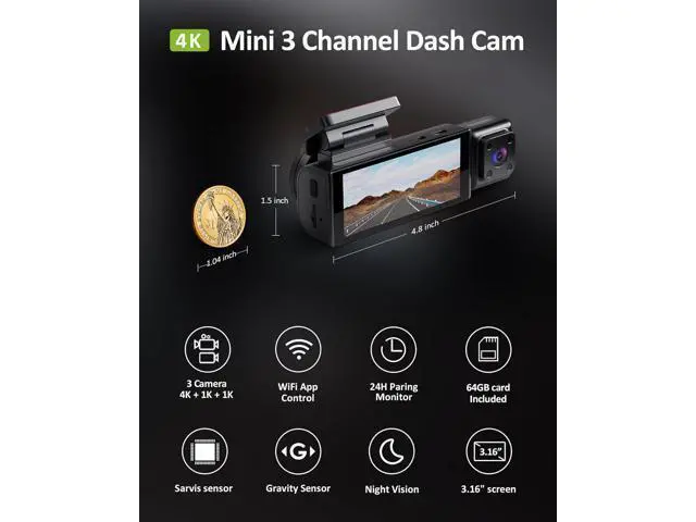 Alt view image 6 of 7 - 4K 3 Channel Dash Cam, STARVIS Sensor,5GHz WiFi with 64GB Card,2160P+1080P+1080P Front and Rear Inside, Car Dash Camera with 3.16" Screen,IR Night Vision G-Sensor, HDR,24H Parking ModeBlack