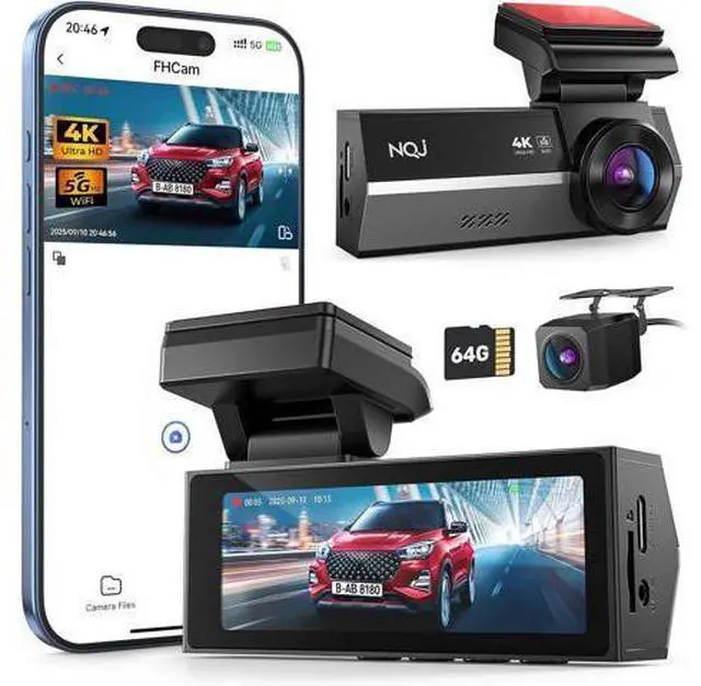 Main image of Dash Cams Front and Rear, NQJ 4K+2K Dual Dash Camera for Cars w 64GB Card, 5G Wi-Fi & App, G-Sensor, 3.2 Screen, 24H Parking Mode, 170°Wide Angle, Night Vision