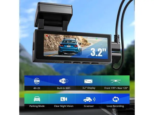 Alt view image 2 of 7 - Dash Cams Front and Rear, NQJ 4K+2K Dual Dash Camera for Cars w 64GB Card, 5G Wi-Fi & App, G-Sensor, 3.2 Screen, 24H Parking Mode, 170°Wide Angle, Night Vision