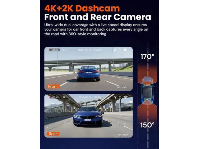 Alt view image 3 of 7 - TORVO TD3 4K+2K Dash Cam with App, Camera for Car Front and Back with 5G WiFi & GPS, Free 64GB Card, Night Vision Dashcam Front Cameras 24/7 Recording When Car is Off, Security Camera for Cars