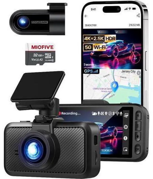 Main image of Miofive Dash Cam Front & Rear Dual Channel Front 4K UHD + Rear 2.5K, Built-in GPS & 5GHz WiFi, 3.0 IPS Screen, HDR & Night Vision, G-Sensor, 24-Hour Parking Mode, 32 GB Card Included