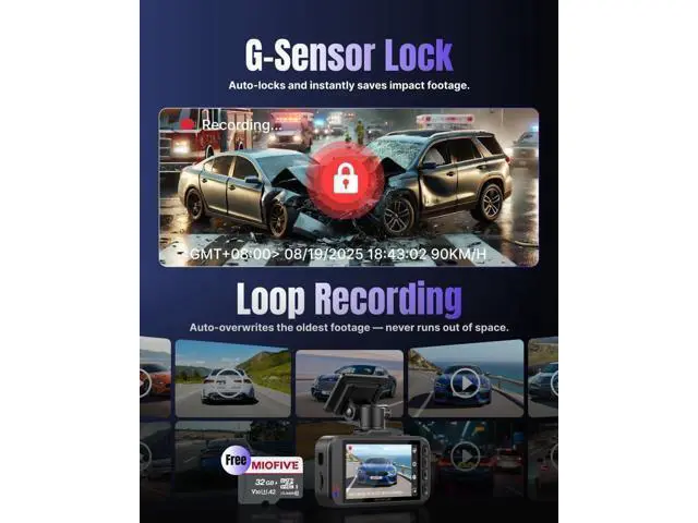 Alt view image 7 of 7 - Miofive Dash Cam Front & Rear Dual Channel Front 4K UHD + Rear 2.5K, Built-in GPS & 5GHz WiFi, 3.0 IPS Screen, HDR & Night Vision, G-Sensor, 24-Hour Parking Mode, 32 GB Card Included