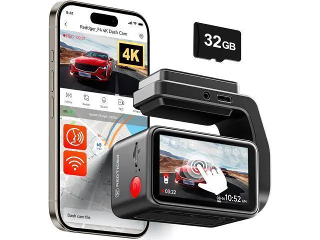 Main image of REDTIGER F4 4K Dash Cam Front, 2.2 inch Mini Car Camera, 2160P UHD Touch Screen, Voice Control, Included 32GB Card, Night Vision, Built-in GPS, WiFi APP Control, Loop Recording, 24H Parking Monitor